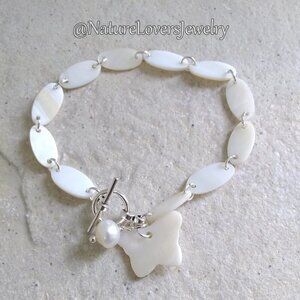 Genuine + Natural Mother of Pearl (MOP) + Pearls! Feminine Butterfly Bracelet